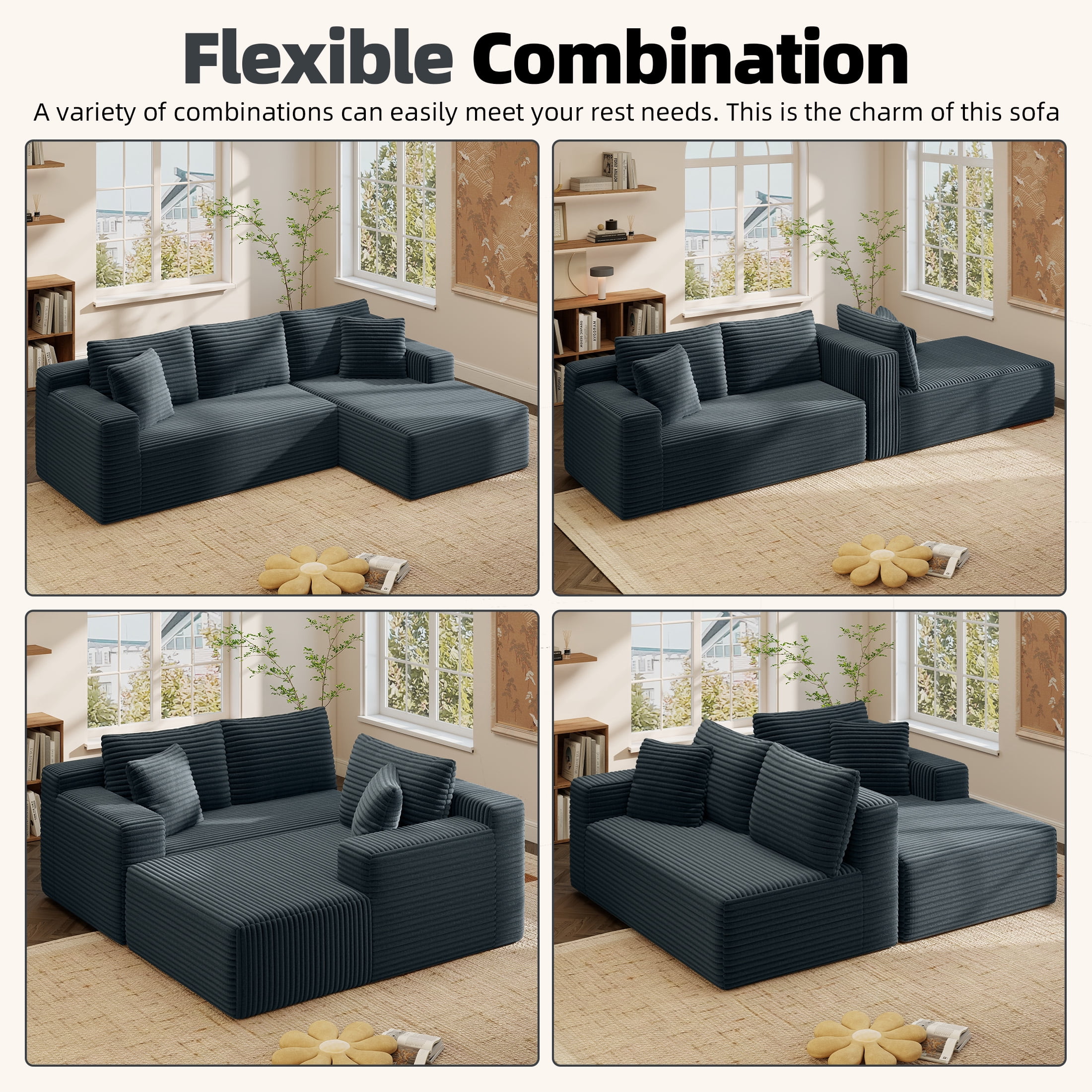 AENKYO 96" Cloud Modular Sectional Sofa with L-Shape Chaise, Deep Seat Corduroy Upholstered Couch, No Assembly Required, Dark Gray