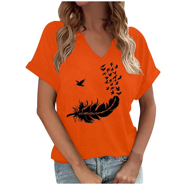 Dadaria Tee-Shirt pour Femmes Orange Manches Courtes Col en V Hauts d'Été Blouses 2TG