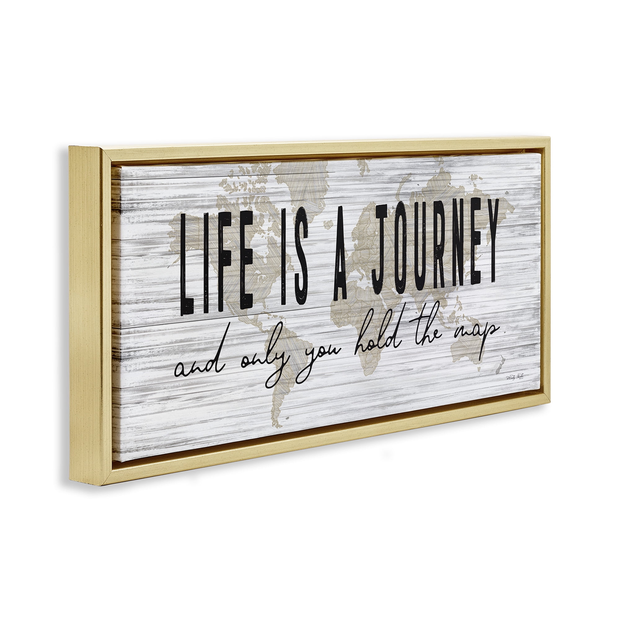 Stupell Industries Life Is a Journey Rustic World Map Inspirational Painting Gold Floater Framed Canvas Art Print Wall Art, 25 x 11
