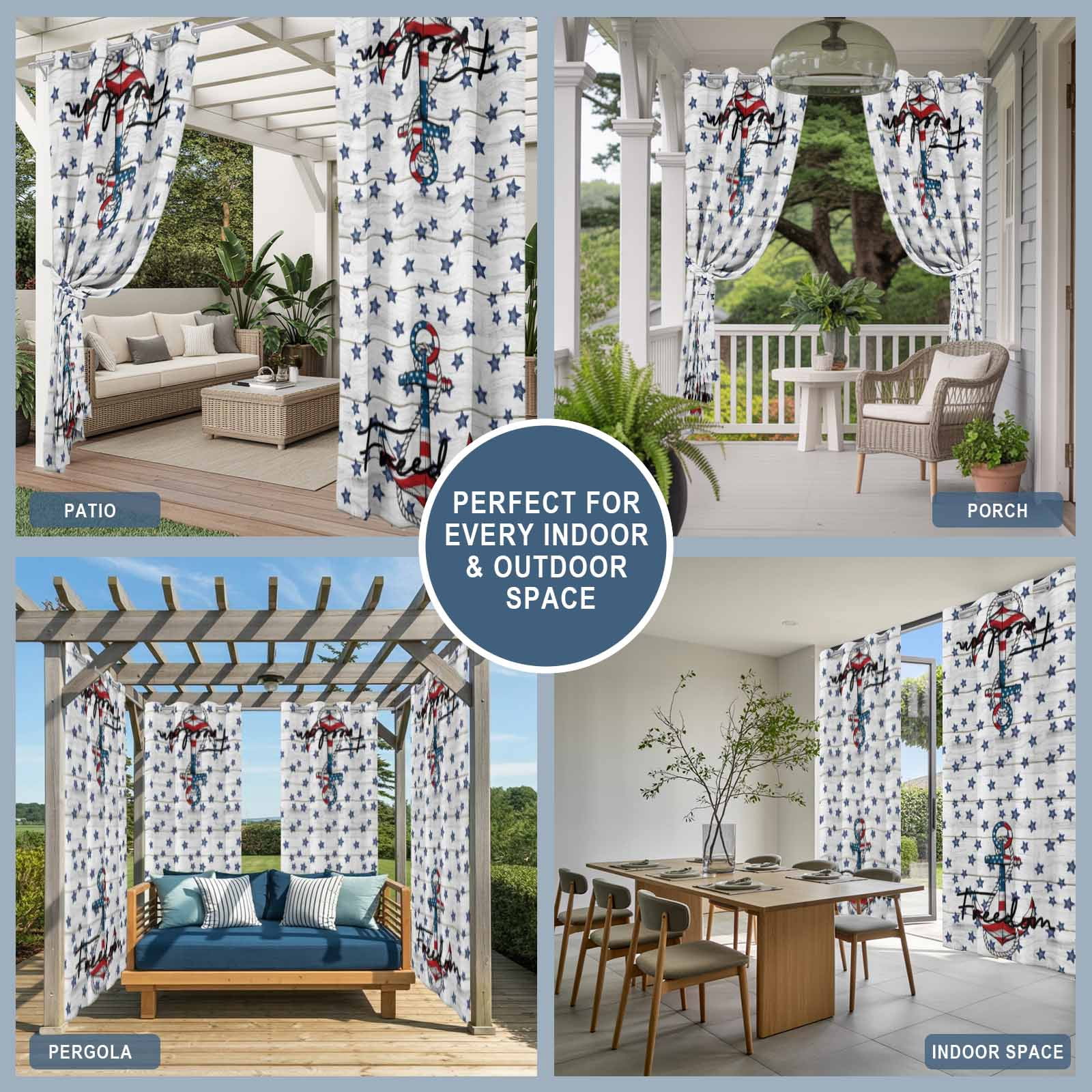 Independence Day Outdoor Curtains for Patio, Freedom Anchors Blue Star Flags White Wood Grain Sunshade Privacy Drapes Grommet Waterproof Outside Curtains for Porch/Cabana/Balcony 54"x 108", 1 Panel