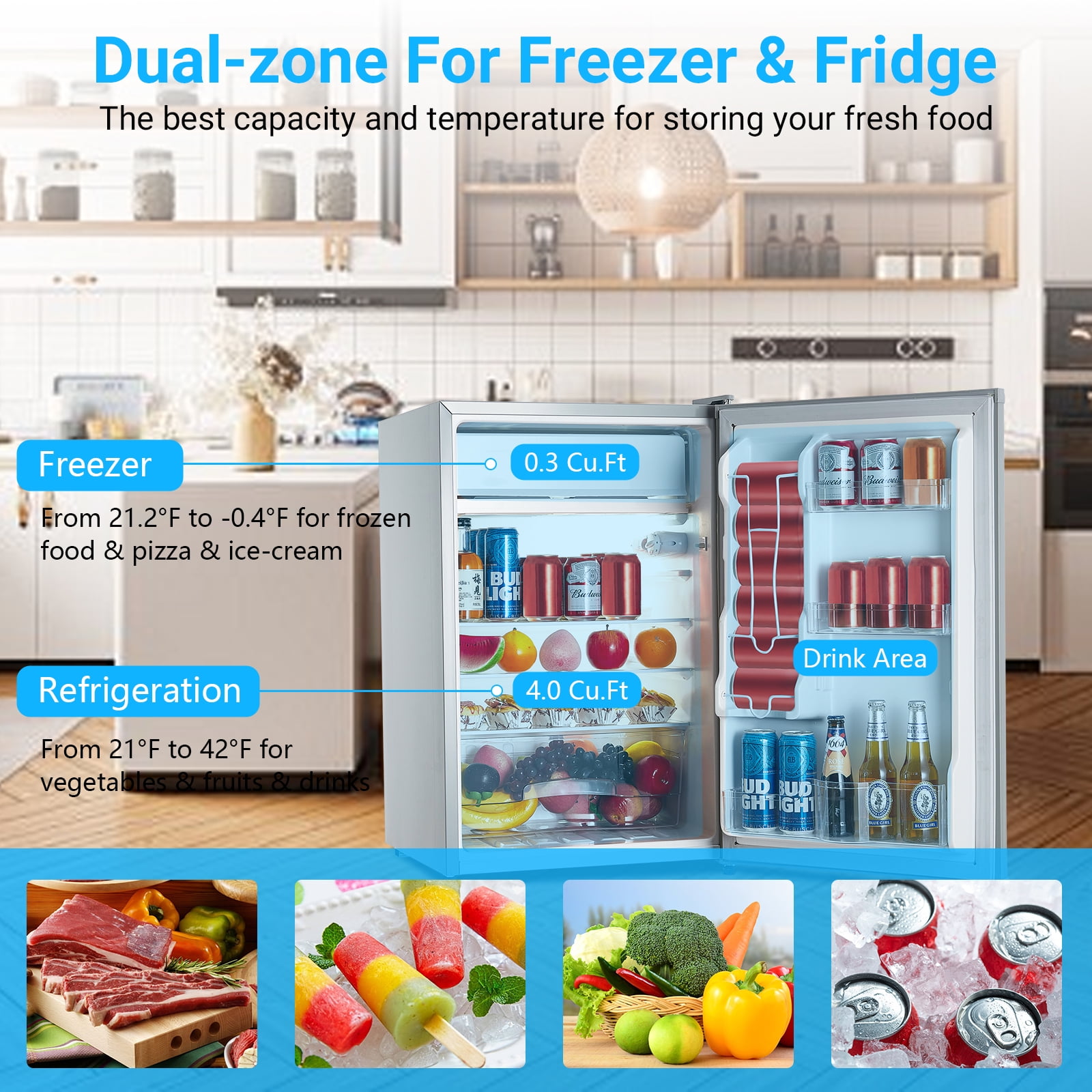4.3 Cu.Ft Compact Mini Fridge with Freezer – Single Door Refrigerator, 7-Setting Temperature Control, Removable Shelves, Crisper Drawer, Low Noise, for Bedroom, Office, Dorm, RV – White