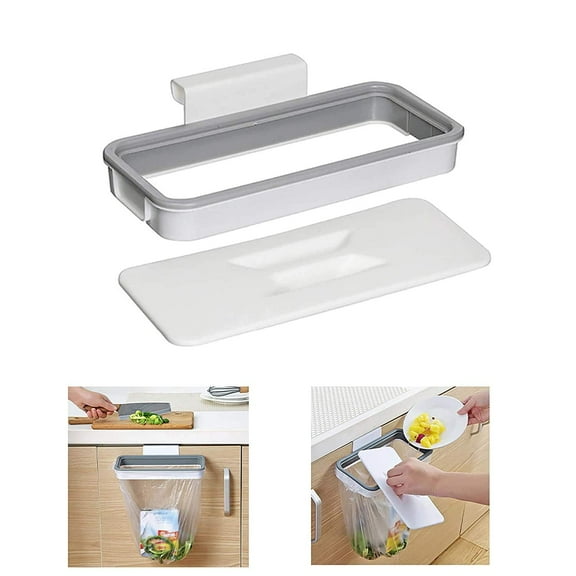 Over The Cabinet Door Garbage Holder Wastebaskets Trash Rack Cupboard Storage Hanger Waste Bins Basket Hanging Trash Can Rubbish Rack Portable Hanging Organizer Trash Bag Holder with Lid