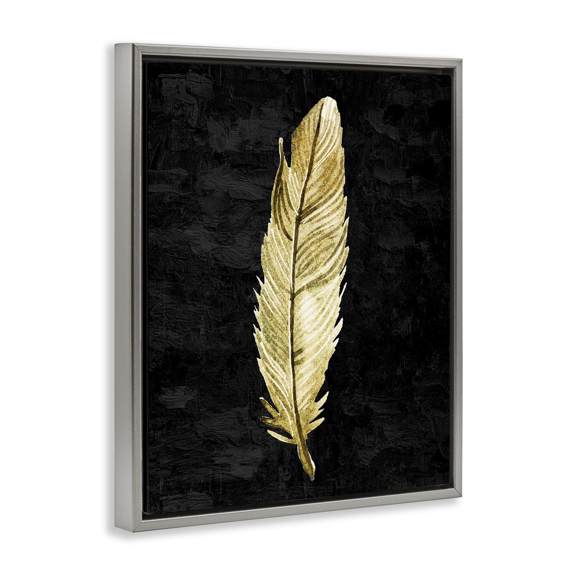 Curved Feather on Black Gray Framed Floater Canvas Wall Art, design by Kim Allen