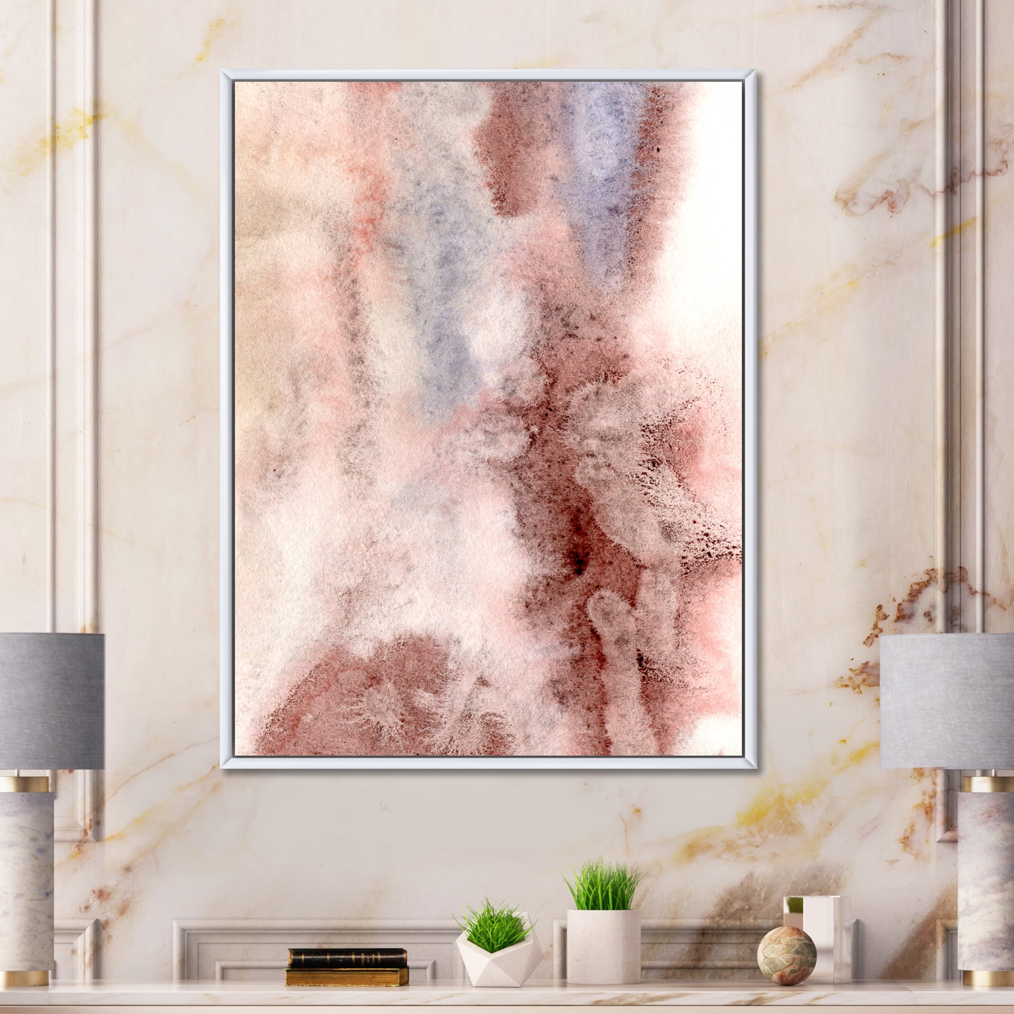 Pastel Abstract With Pink Blue and Dark Red Spots 16 in x 32 in Framed Painting Canvas Art Print, by Designart