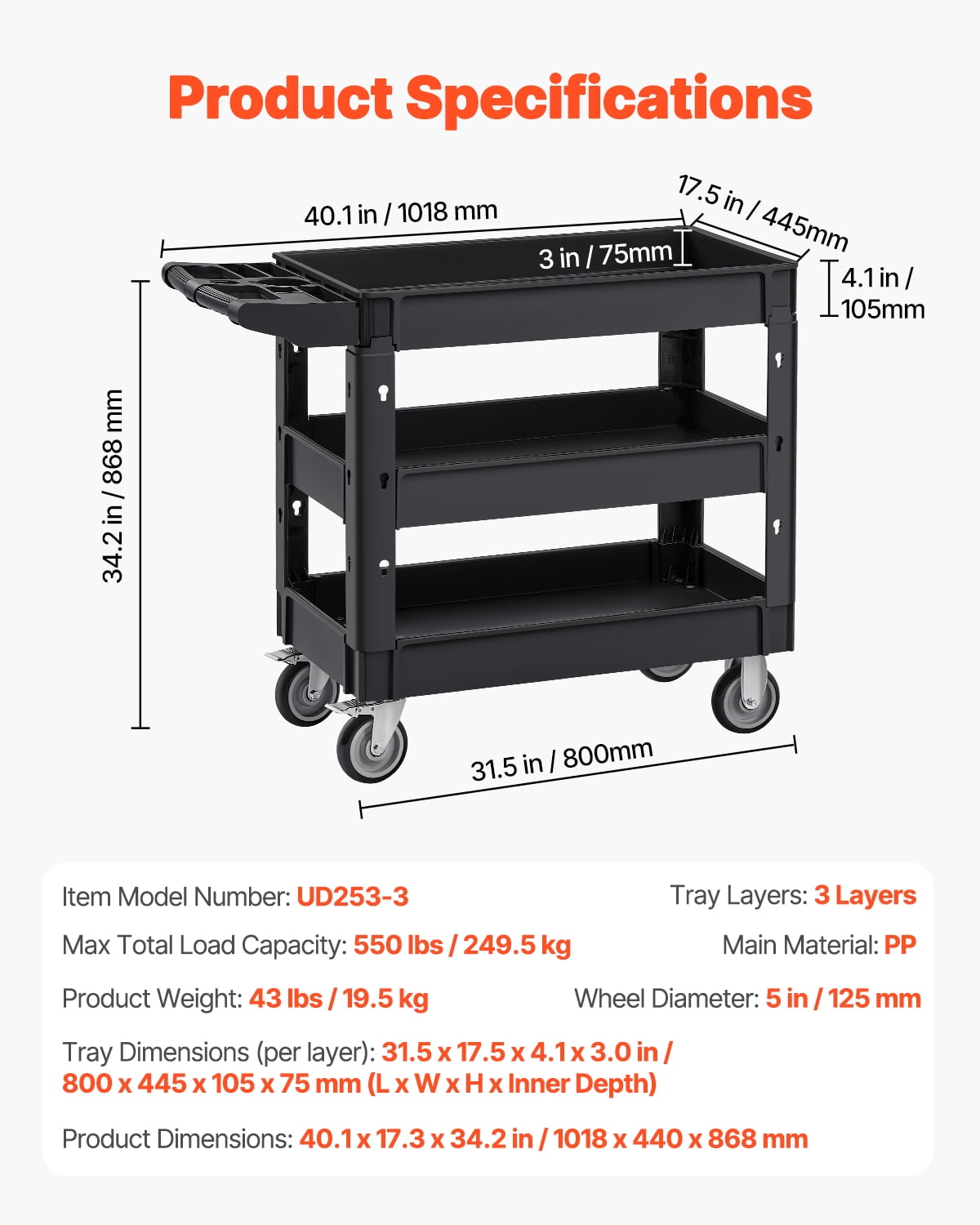 VEVOR Utility Service Cart, 550 LBS Laod Capacity, 3 Shelf Heavy Duty Plastic Rolling Utility Cart with 360° Swivel Wheels (2 with Brakes), Ergonomic Storage Handle for Warehouse/Garage/Cleaning