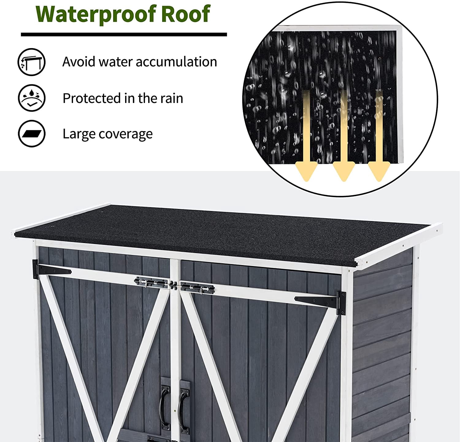 MCombo 64 inch Tall Outdoor Storage Cabinet with Shelves and Floor, Lockable Double Doors Garden Wood Tool Shed, Fir Wood