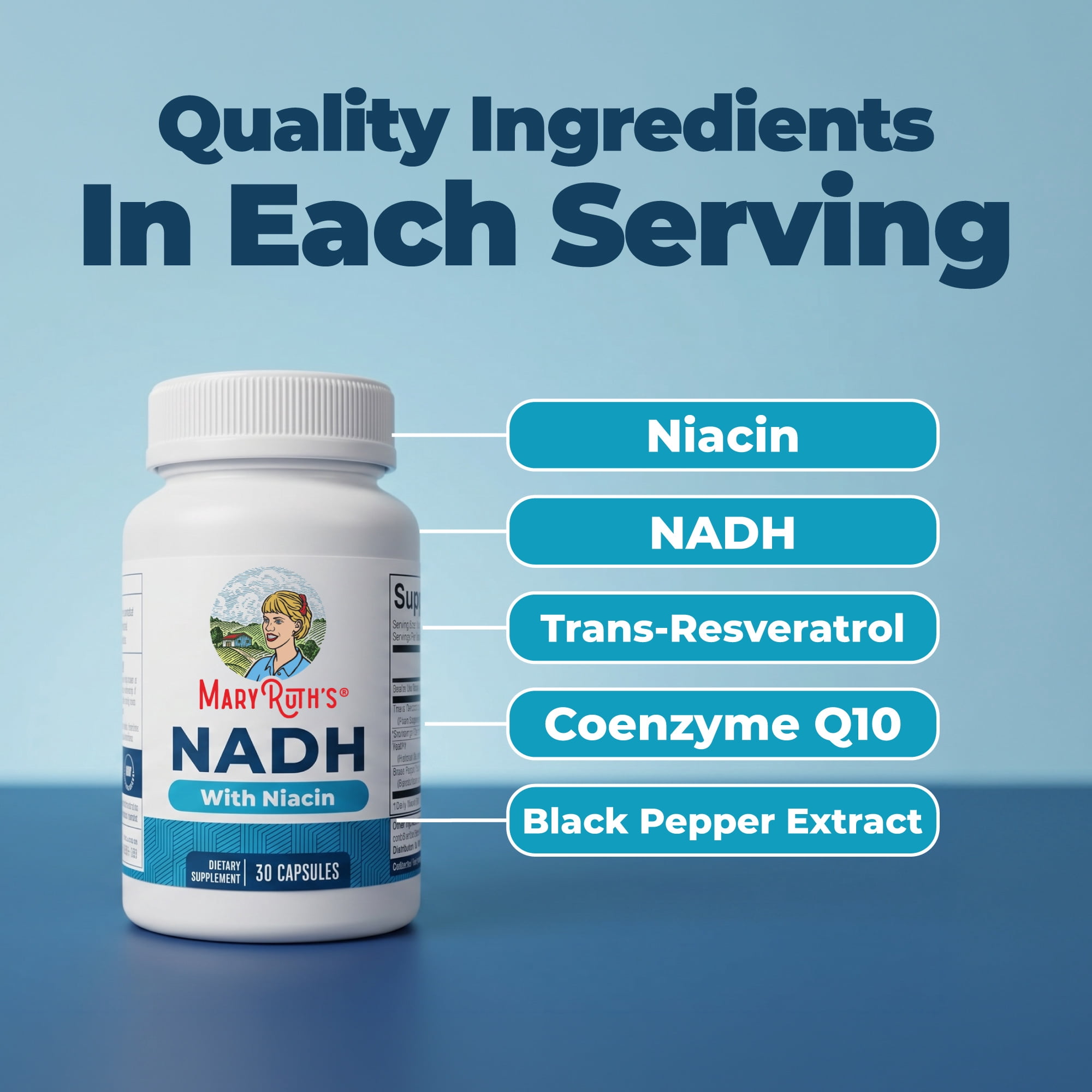 MaryRuth's NADH Capsules NAD+ Precursor for Energy Metabolism, Niacin, NAD+ Precursor, Trans-Resveratrol , CoQ10, Unisex, Ages 18+, 30 Servings