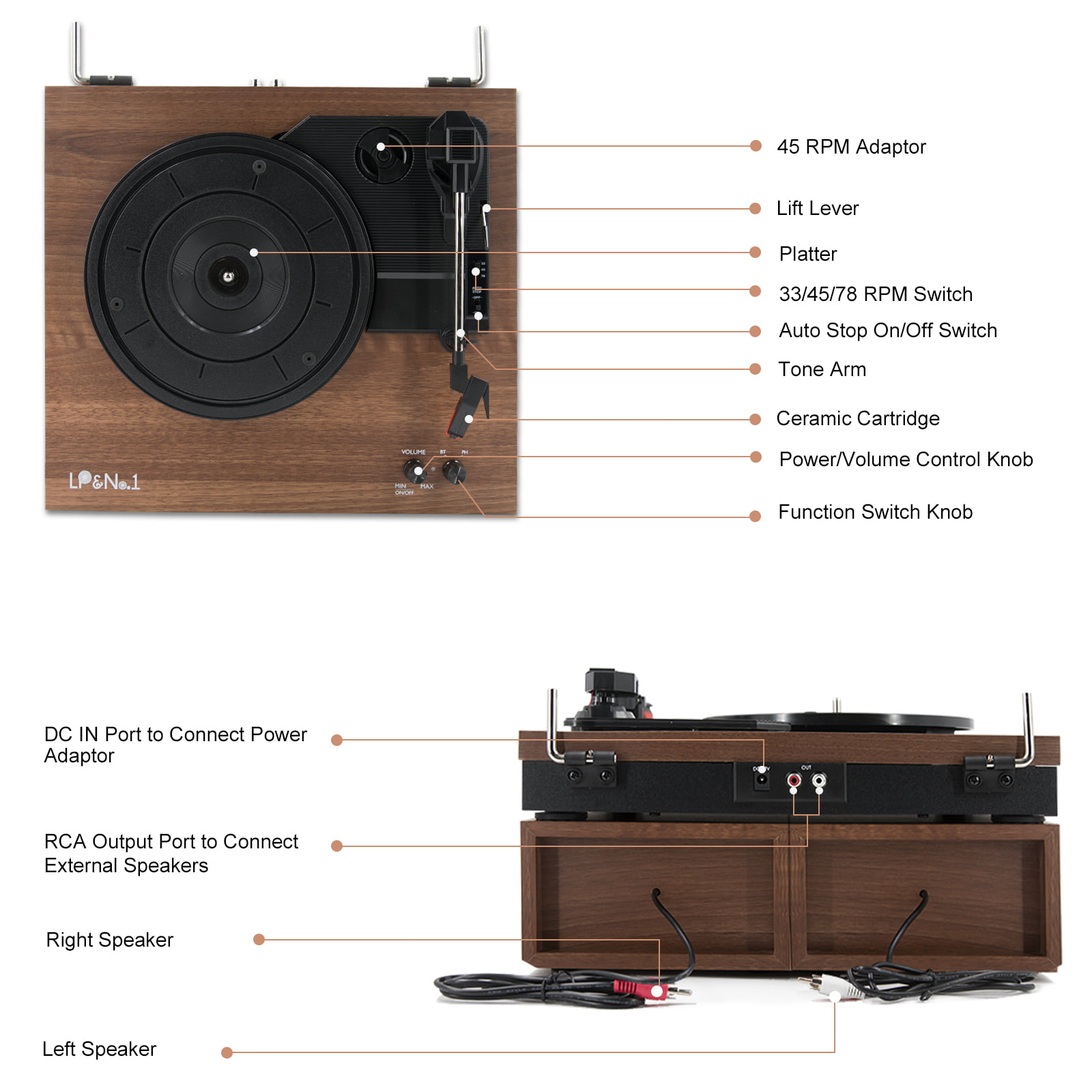 ＆No.1 Bltooth Vinyl Record Player with Eternal Speakers, 3-Speed Belt-Drive  Turntable for Vinyl Albums with Auto Off and Bltooth Input，Mahogany Wood 