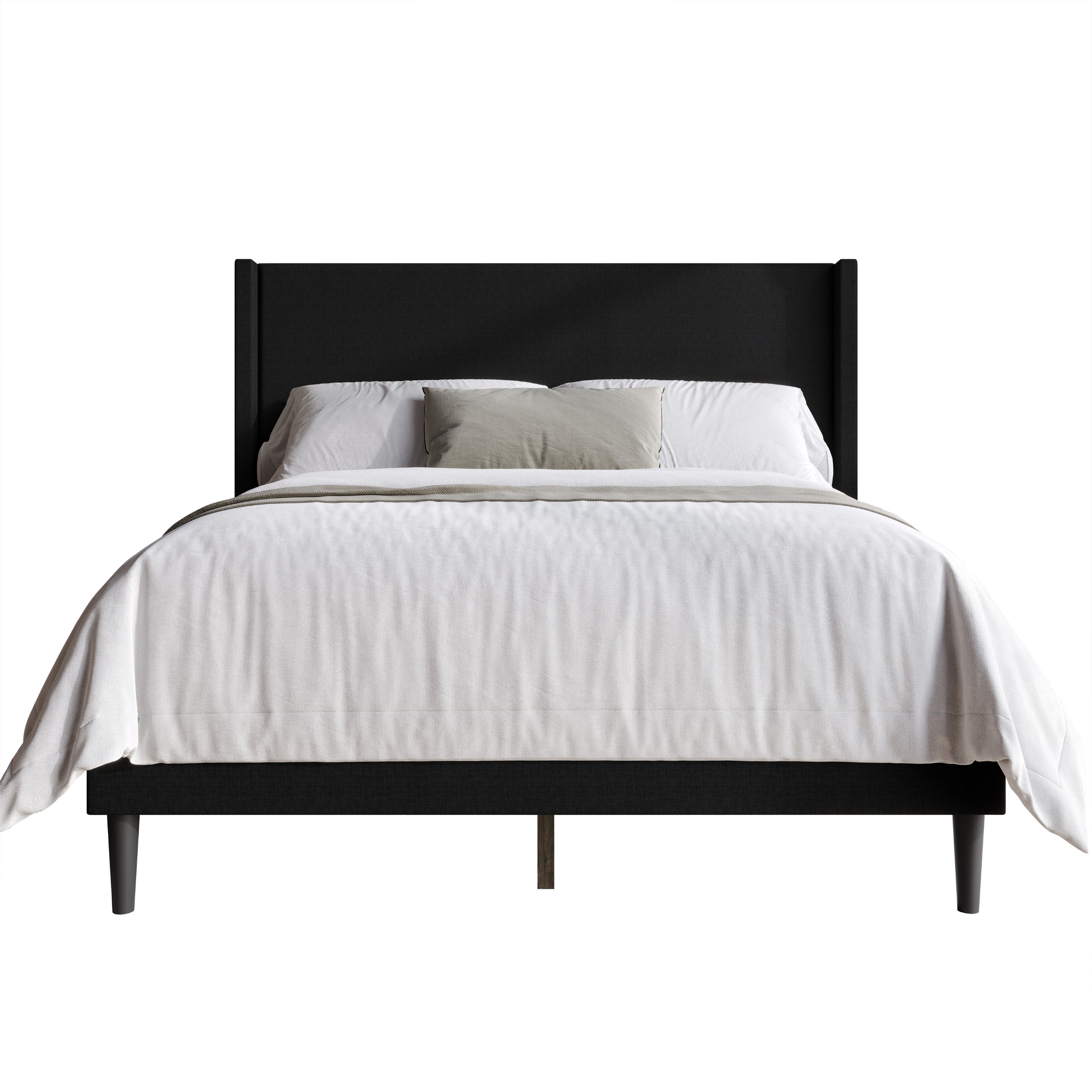 Home Design Bangor Full Upholstered Wingback Platform Bed Frame, Linen, No Box Spring Required, Black