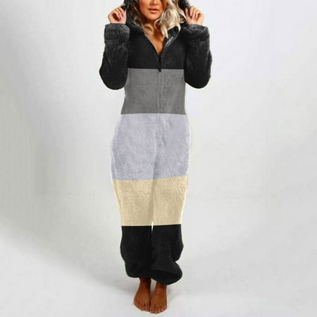 

Yinguo Women s Artificial Wool Long Sleeve Pajamas Casual Solid Color Zipper Loose Hooded Jumpsuit Pajamas Casual Winter Warm Rompe Cute Ears Sleepwear