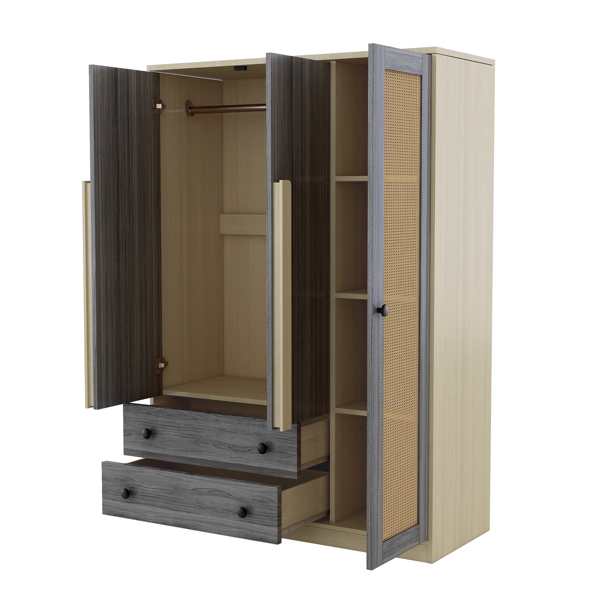 3-Doors Wooden Rattan Wardrobe Closet Storage, Wardrobe Armoire with 2 Drawers for Bedroom