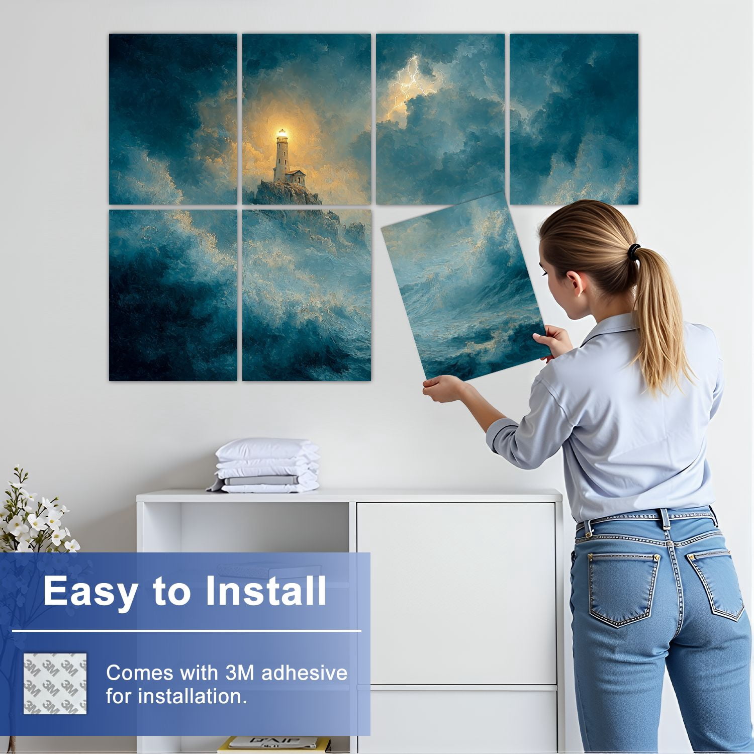 8 Pack Art Acoustic Panels Sound Absorbing Stormy Seascape Lighthouse Amidst Massive Waves Painterly Decorative Soundproof Wall Panels Self Adhesive for Nursery Game Room Bedroom 48"x32"