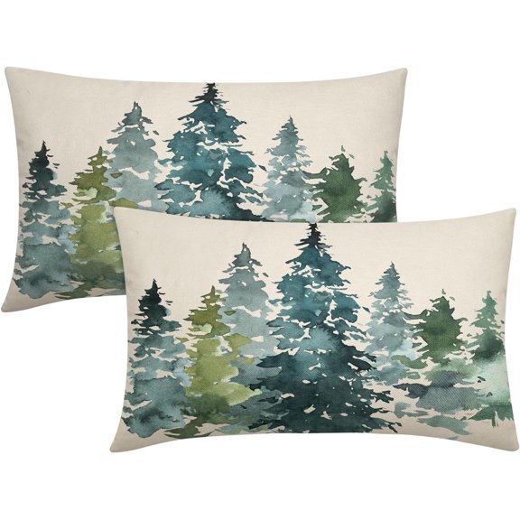 Watercolor Blue Green Tree Lumbar Pillow Covers 12X20 in Set of 2 Nature Themed Christmas Rectangular Pillow Cases Rustic Forest Pillowcase Home Decor for Living Room Couch Patio Sofa Porch Outdoor