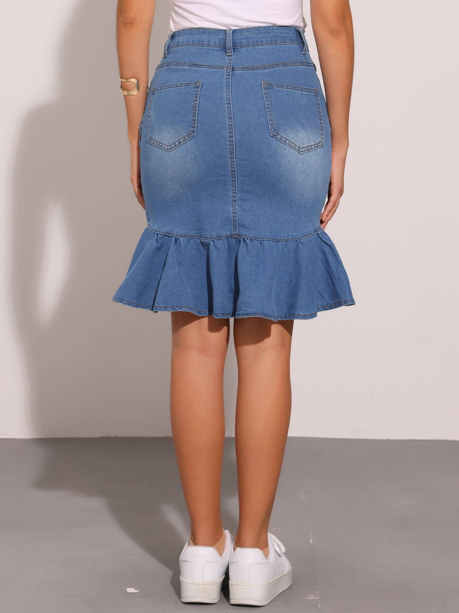 DARING DIVA Women's Bodycon Fishtails Ruffled Knee Length Jean Skirt XL Light Blue