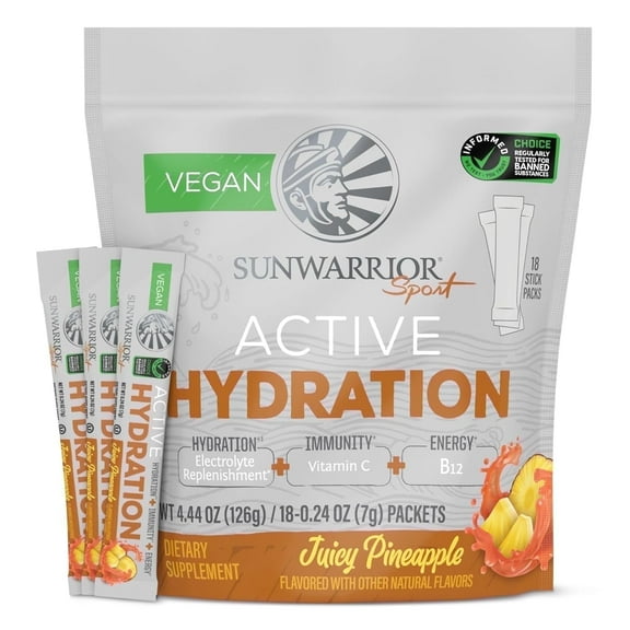 Sunwarrior Active Hydration Electrolyte Powder, Juicy Pineapple, 4.44 oz (18 Stick Packs)