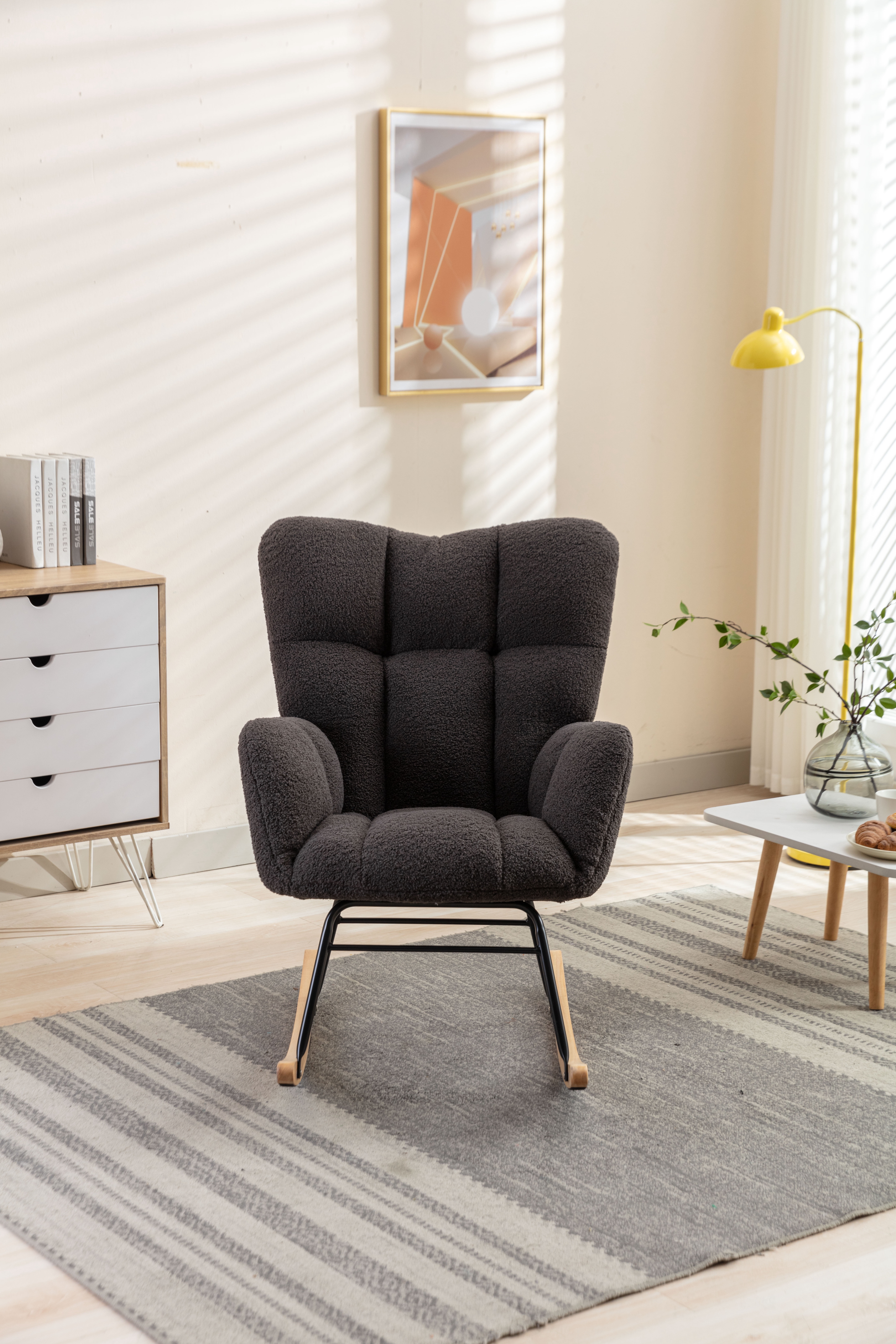JESTOP Nursery Rocking Chair, Teddy Fabric Upholstered Glider Rocker with High Backrest, Modern Rocking Accent Chairs Comfy Side Chair for Nursery, Bedroom, Living Room