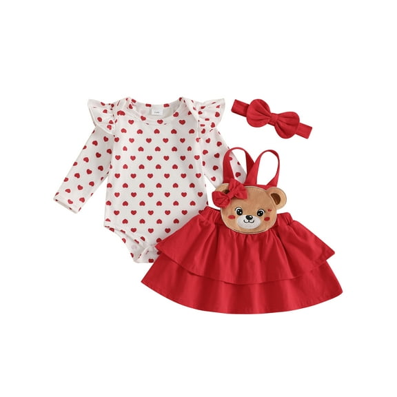 Baby Toddler Girls Valentine's Day Clothing Sets 3 6 9 12 18 Months Long Sleeve Heart Print Romper Suspender Skirt Headband Outfits