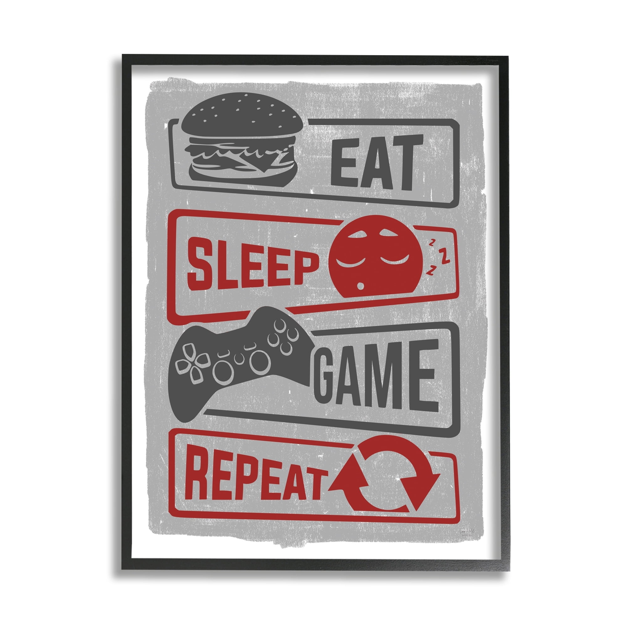 Stupell Industries Eat Sleep Game Repeat Quote Saying Vintage Sign Graphic Art White Framed Art Print Wall Art, 24x30, by Lux + Me Designs
