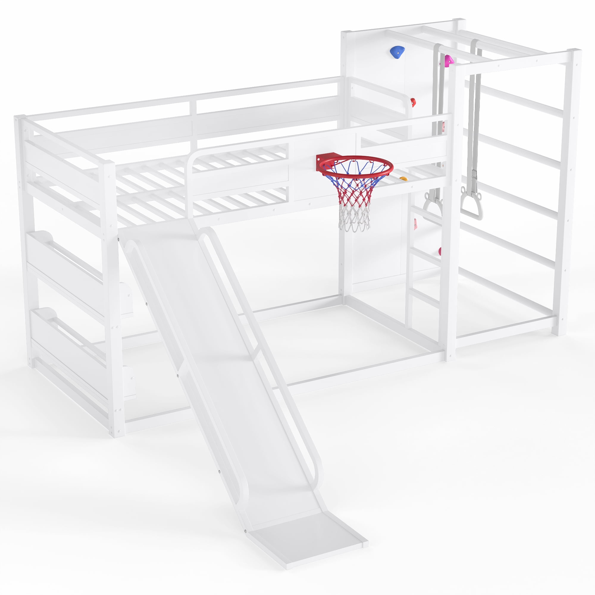 Twin Size Loft/Bunk Bed with Basketball Hoop, Pull-up Rings and Climbing Wall, Metal Loft Bed Frame with Slide and Bookshelves, Heavy Duty Bunk Beds with Guardrail