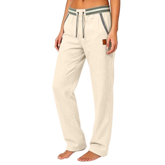 Maplenight Womens Cotton Linen Pants with Pockets Casual Elastic Waist Drawstring Straight Leg Pants Summer Lounge Travel Beach Trousers