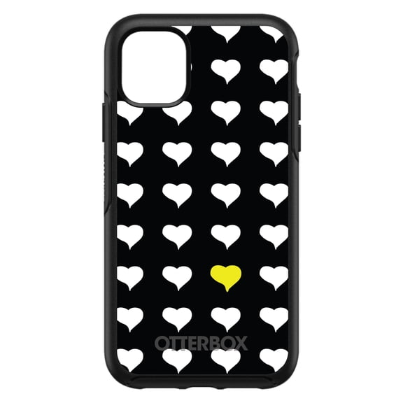 DistinctInk OtterBox Symmetry Custom Case for Apple iPhone 15 (6.1" Screen) - Yellow White Black Repeating Hearts - Wireless Charging Compatible