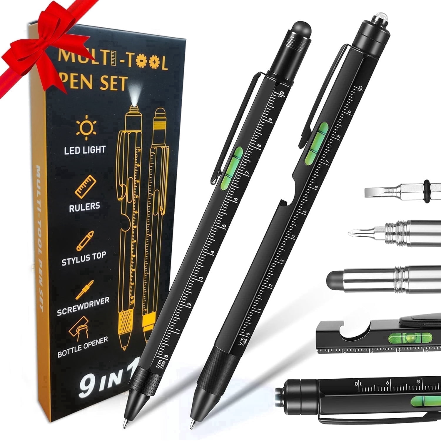 2 Pack Multitool Pen Set 9 in 1 Pocket Multi Tool Pen with Light Stylus Ruler Screwdriver and Bottle Opener Perfect for Outdoor and Daily Use Valentine s Day Birthday Gifts for Men Dad (Black)