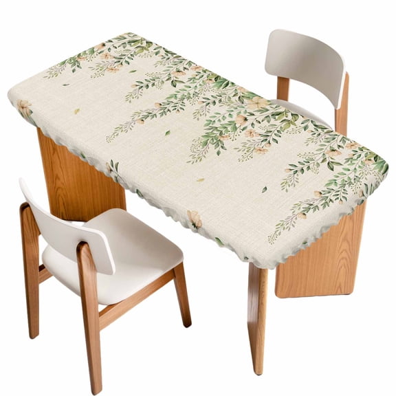 Watercolor Floral Table Cloths for 6 Foot Rectangle Tables, Spring Leaves Flowers Botanical Beige Patio Waterproof Elastic Fitted Tablecloths, Washable Rectangular Table Cover for Camping
