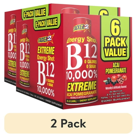 (2 pack) Stacker 2 B12 10,000% Energy Shot Acai Pomegranate, 2 fl oz, 6 count