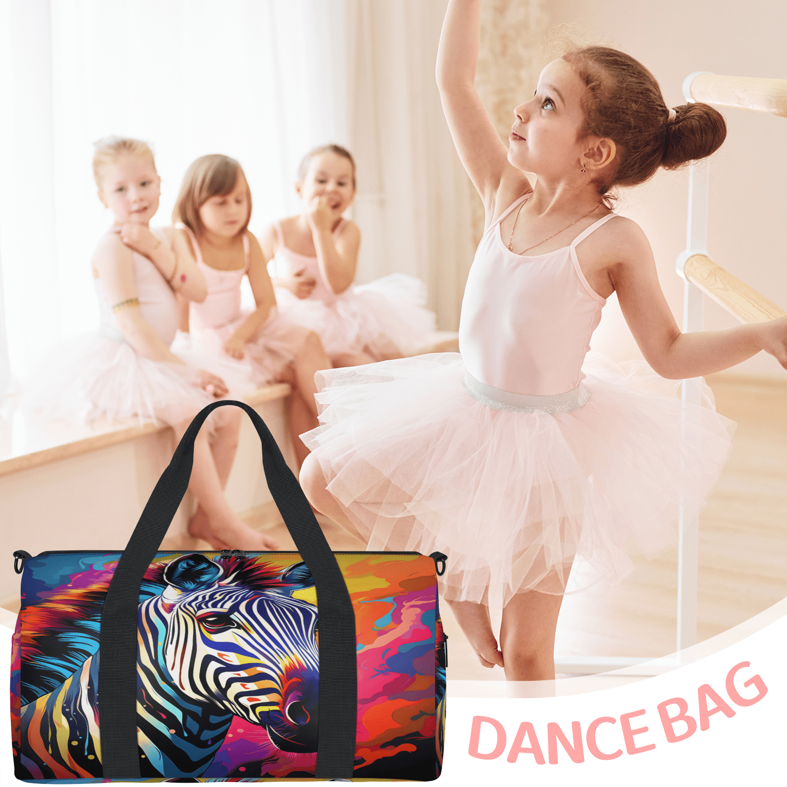Herdesigns Colorful Zebra Gym Bag for Women, Duffle Bag for Travel Sport, Lightweight Waterproof Carry on Weekender Overnight Dance Yoga Workout Bags