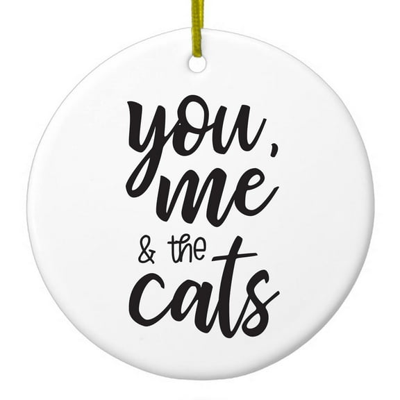 DistinctInk Hanging Ceramic Christmas Ornament - You, Me & the Cats - Gold String, 2-3/4 inch Diameter