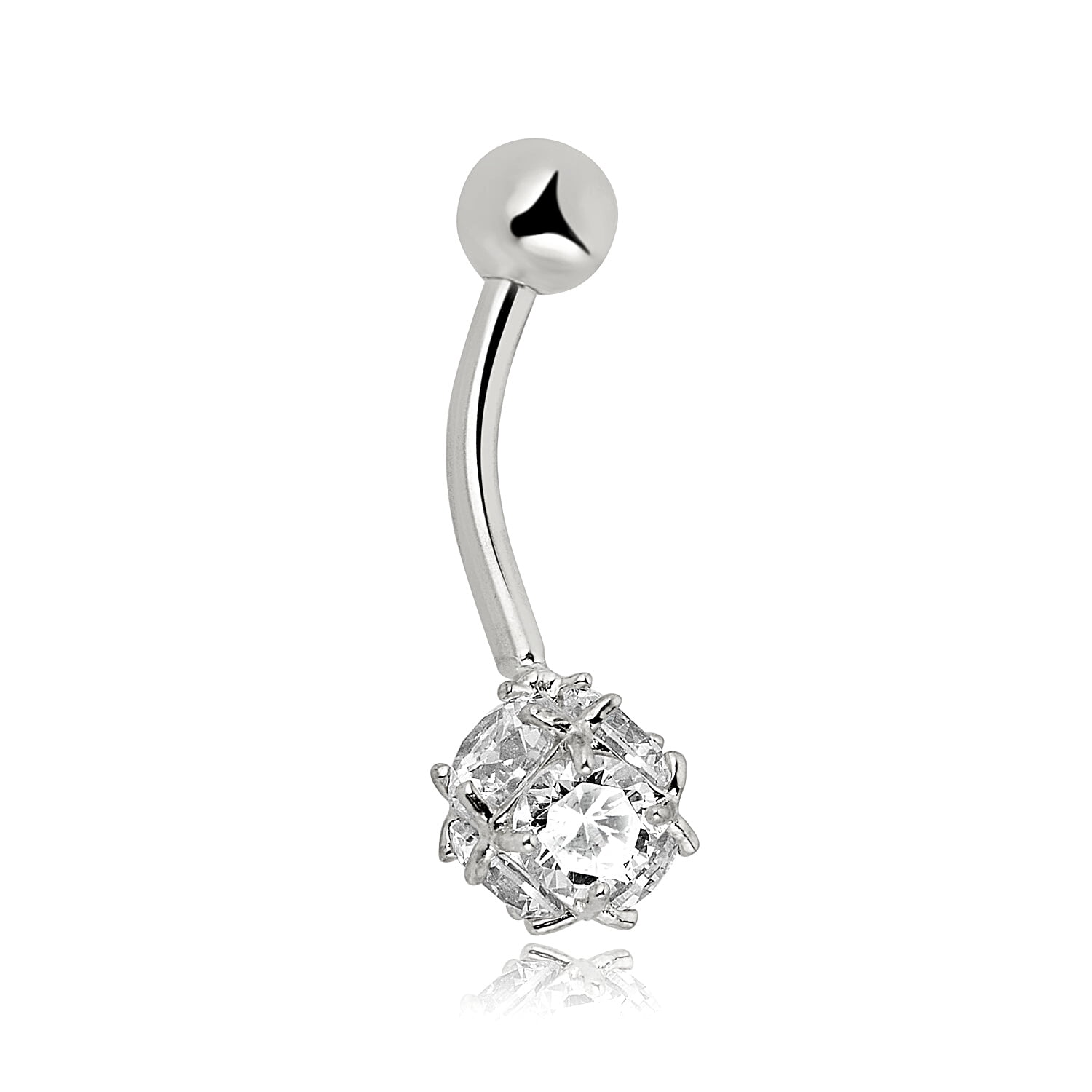 AVORA 10K White Gold Simulated Diamond CZ Spiked Ball Belly Button Ring Body Jewelry (14 Gauge)