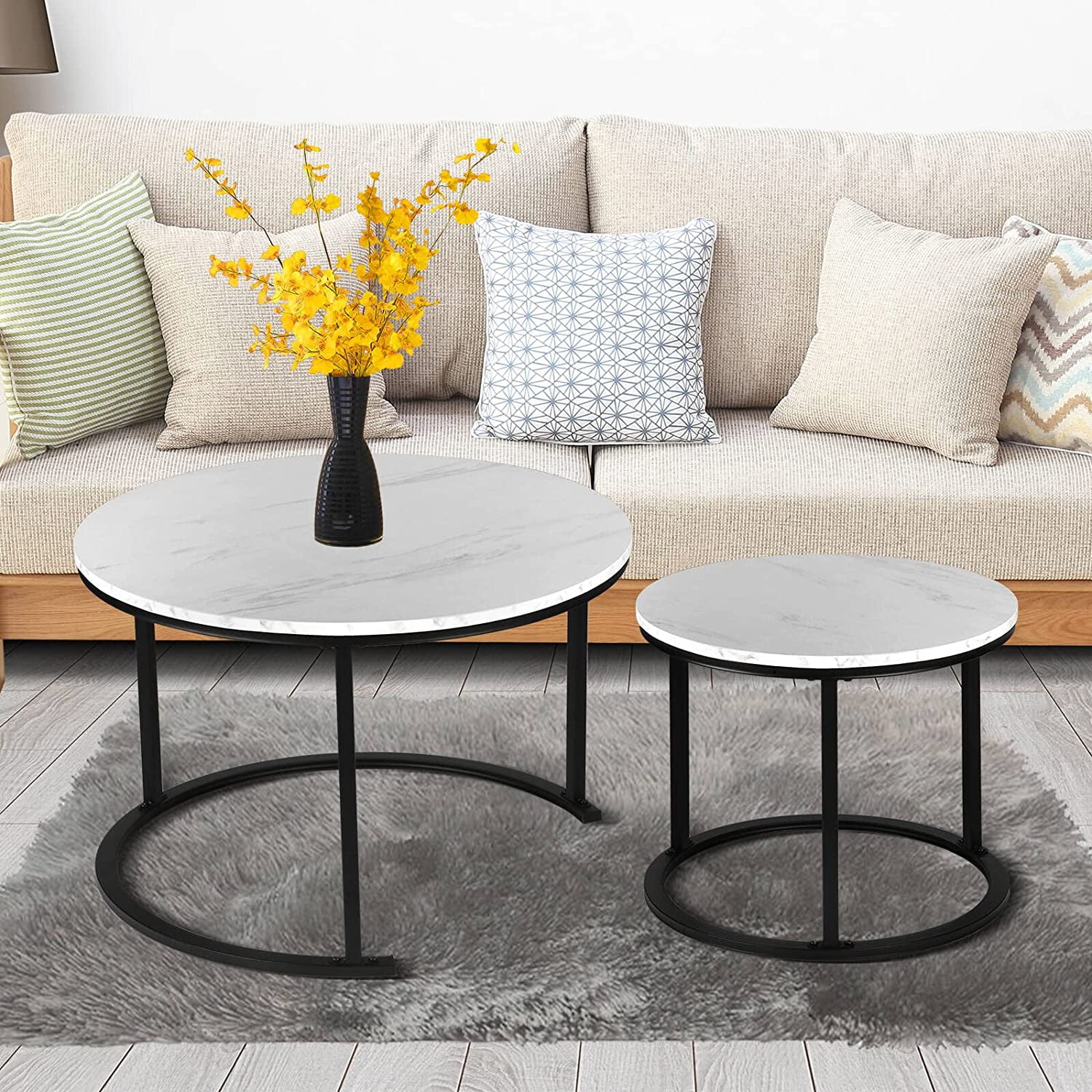 BIGTREE Modern Round Nesting Coffee Table Set 2pc Solid Metal Black