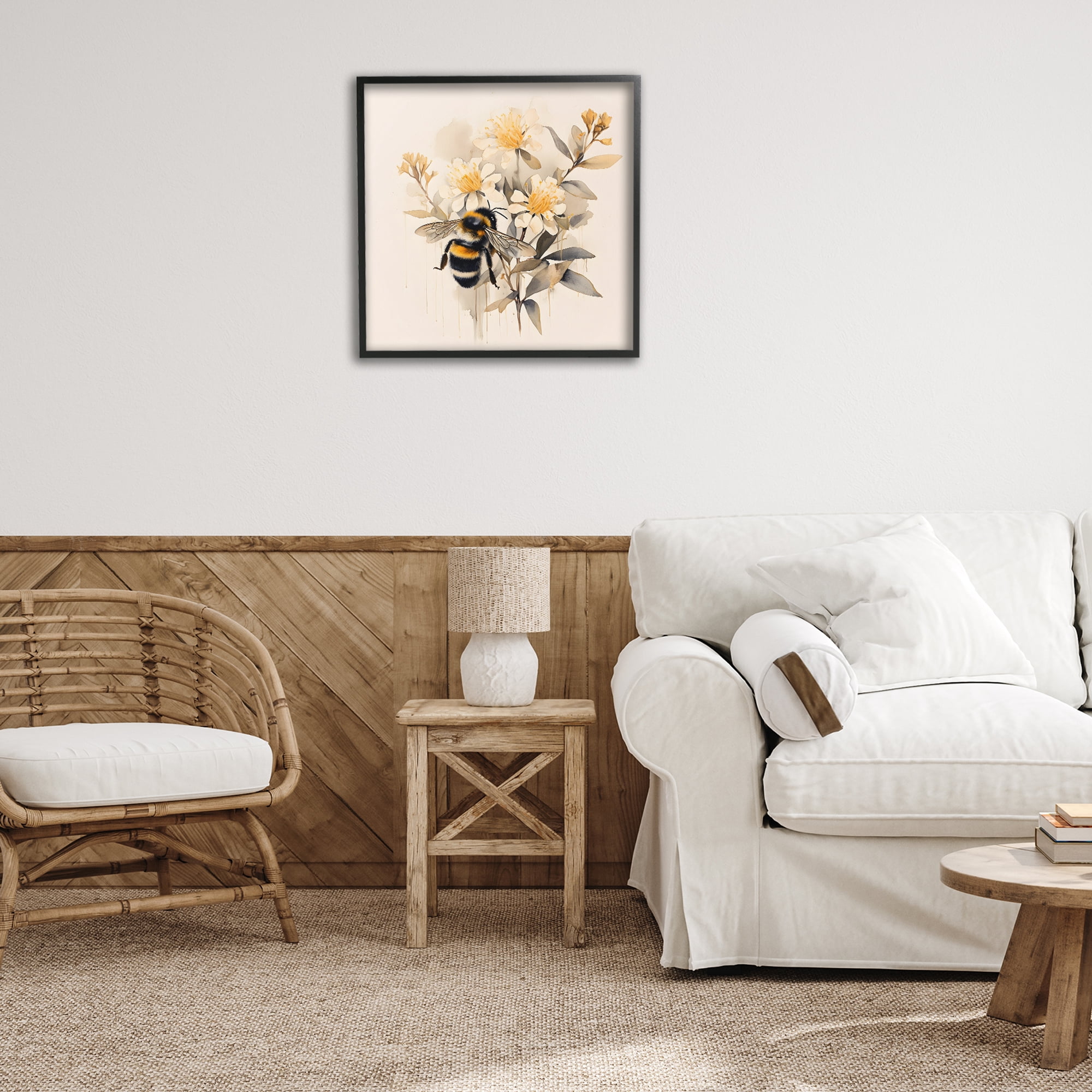 Stupell Industries Honeybee with Daisies Animals & Insects Painting Black Framed Art Print Wall Art, 24 x 24