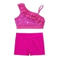 thumbnail image 3 of TiaoBug Kids Girls 2 Piece Gymnastics Dance Leotards Outfits Ruffle Sequin Crop Top with Shorts Set for Stage Performance Hot Pink 10, 3 of 7