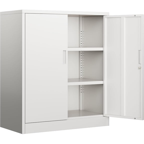 Metal Garage Storage Cabinet with 2 Locking Doors and 2 Adjustable Shelves, 36" White Metal Short Storage Cabinet for Home Office, Garage,School,Utility Room