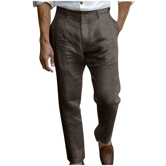 FNFYFH Mens Linen Pants Lightweight Slim Fit Straight Leg Pants Casual Button Business Pants Summer Beach Pants