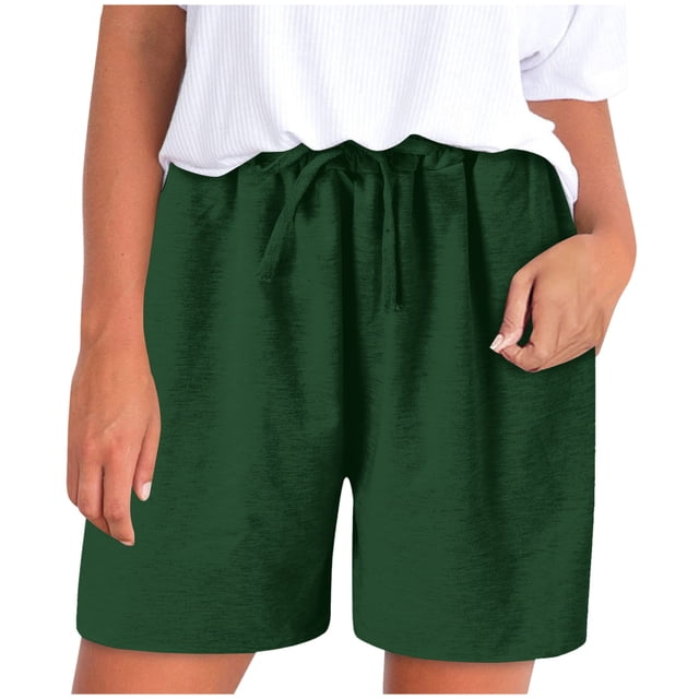 Pleated Shorts Womens Fashion Summer Ribbed Elastic Waist Casual Short Pants Loose Fit Solid Color Home Pants (X-Large, Army Green)