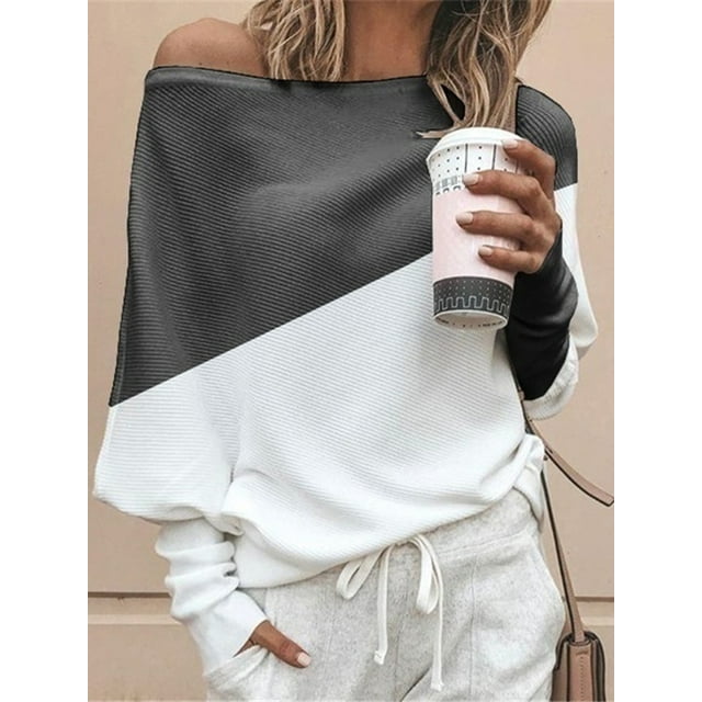 Charmo Women's Colorblock Off The Shoulder Long Sleeve Oversized Pullover Sweater Knit Jumper Tunic Tops