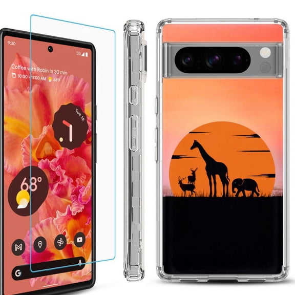 OneToughShield ® Compatible with Google Pixel 8 Pro, Shockproof Phone Case, with Tempered Glass Screen Protector - Sunset Safari