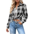 thumbnail image 5 of Nmnitkp Jackets for Women Plaid Flannel Shirt Button Down Lapel Collar Long Sleeve Loose Casual Layering Outerwear Lightweight Checked Jacket For Fall Daily Wear Gray,XXL, 5 of 9