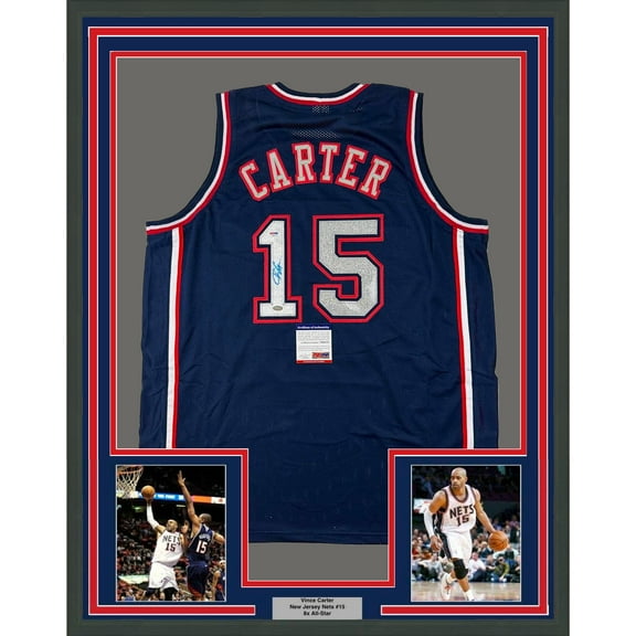 Framed Autographed/Signed Vince Carter 35x39 New Jersey NJ Navy Blue Basketball Jersey PSA/DNA COA
