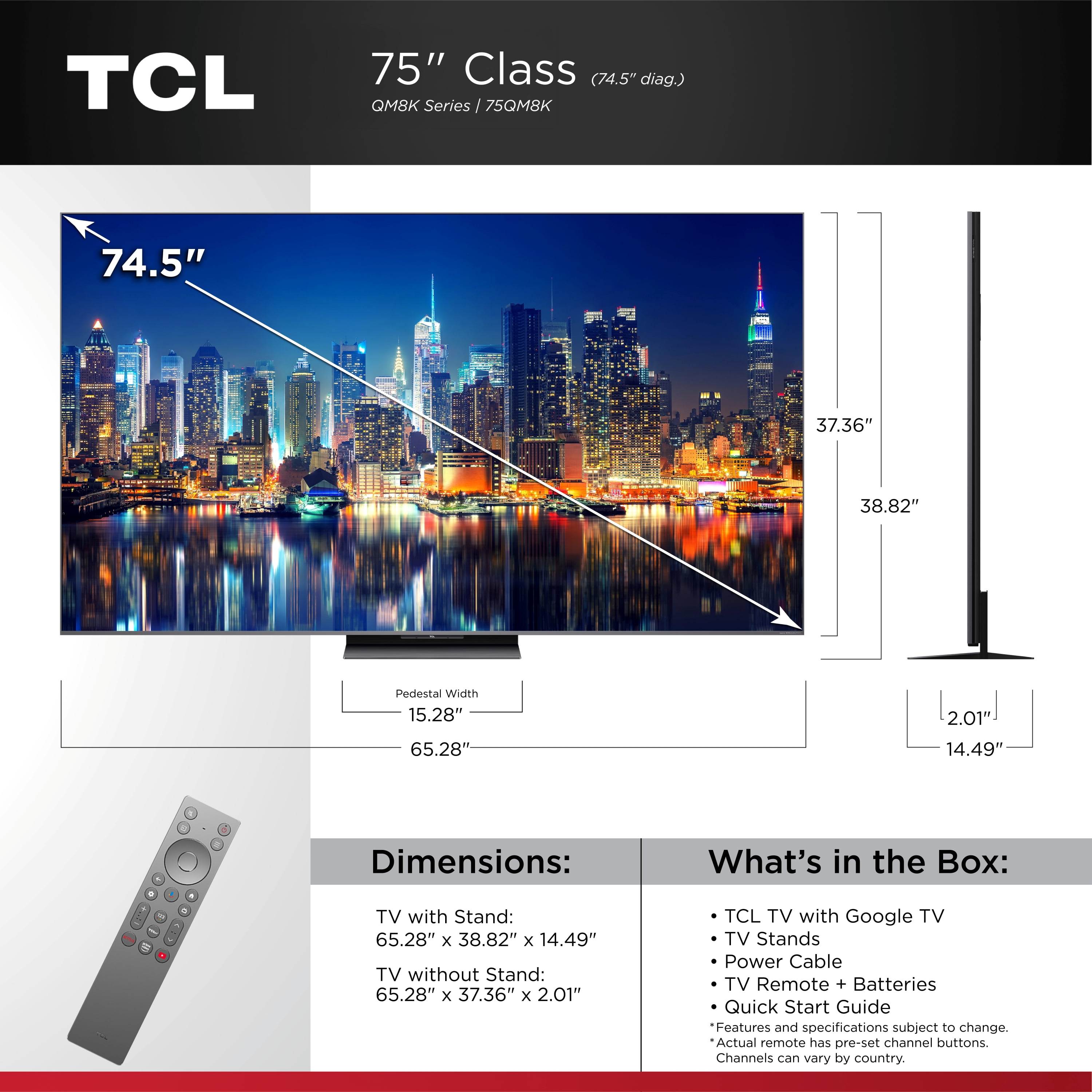 TCL 75" Class QM8K Series QD-Mini LED QLED 4K UHD Smart Google TV (NEW, 2025) - 144Hz, Local Dimming, CrystGlow WHVA Panel - 75QM8K