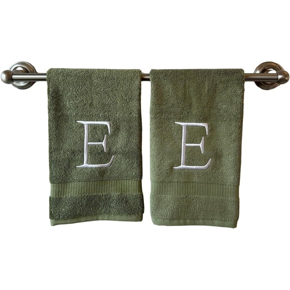 Sage Initial Hand Towel for Bathroom - Monogrammed Luxury Hotel Quality Decorative Embroidered Towel for Powder Room, Spa - GOTS Organic Certified - Set of 2 Letter E