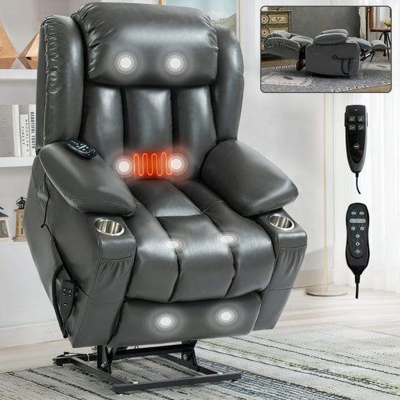 Dual Motor Infinite Position Up to 350 Lbs Leatheraire Power Lift Recliner Chair, Heavy Duty Motion Mechanism with 8-Point Vibration Massage and Lumbar Heating, Stainless Steel Cup Holders, Grey
