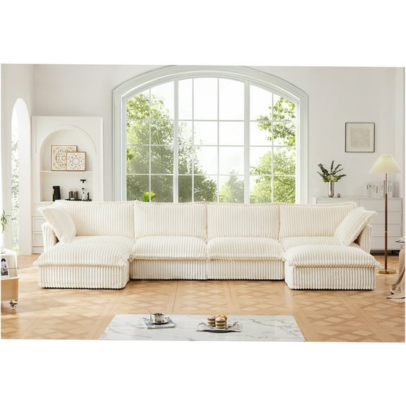 JERFIT U-Shape Sectional Sofa Couch, 4-Seater Cloud Couch with Deep Seating, Removable Cream Corduroy Cover, Modular Design for Living Room and Apartment