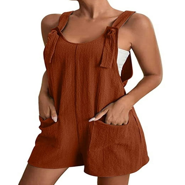 PENGXIANG Combinaison Courte en Coton et Lin pour Femmes, Bretelles Réglables, Sans Manches, Jambes Larges, Ample, Été