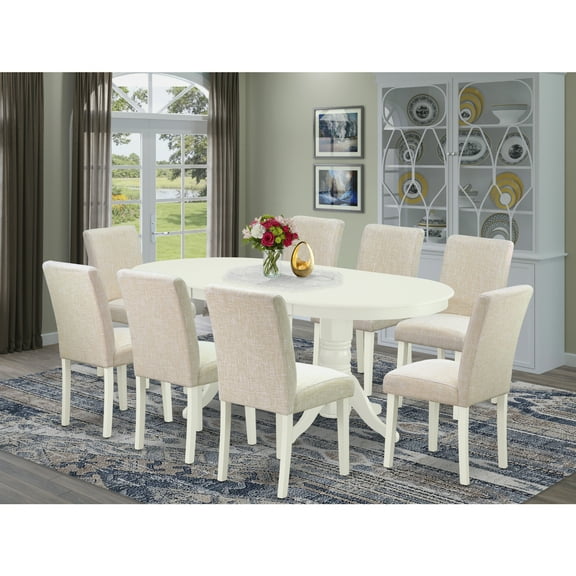 HomeStock Baroque Brilliance 9 Pc Kitchen Set For 8 Dining Table With Leaf And Eight Parson Chair With Linen White Leg And Linen Fabric Light Beige