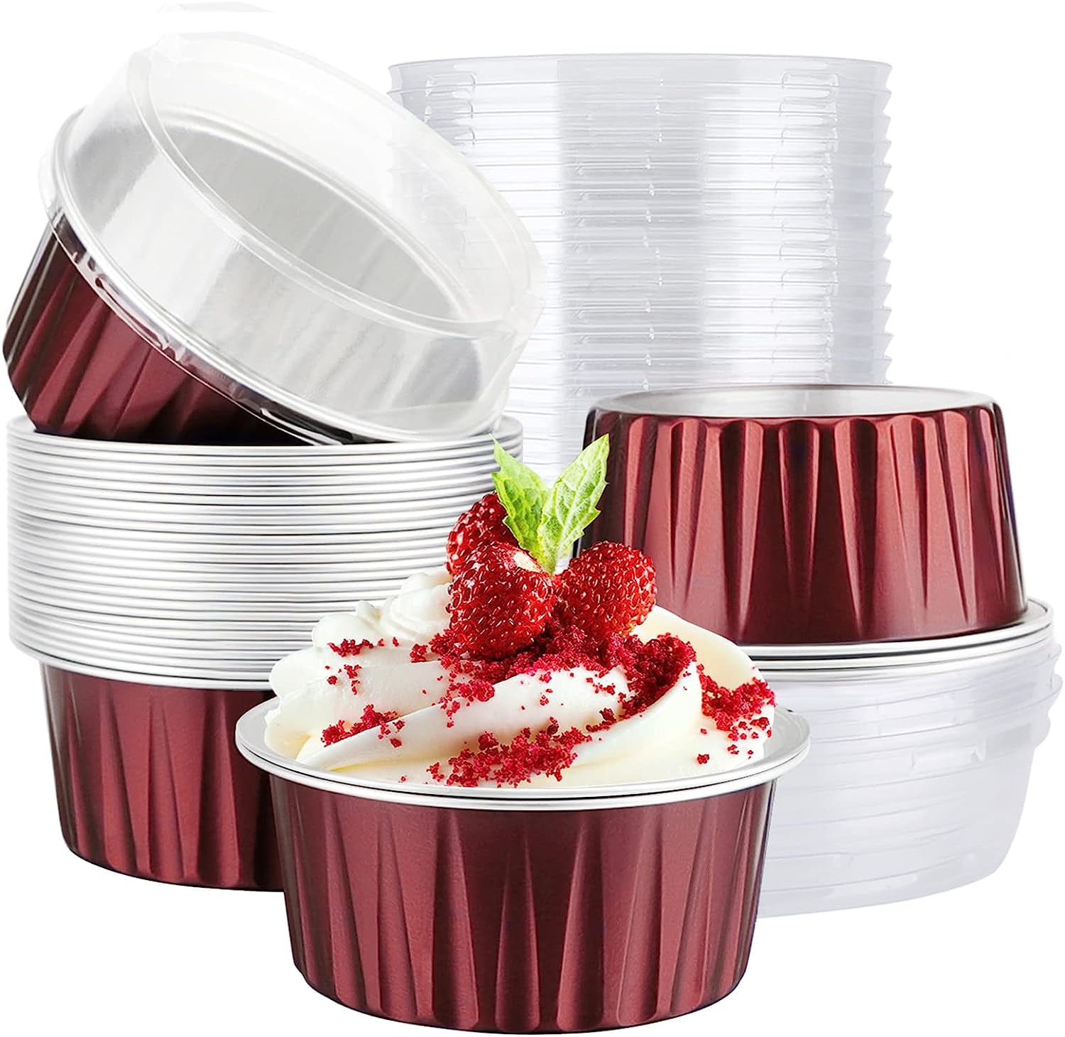 Restaurantware 10 Ounce Disposable Ramekins, 100 Square Creme Brulee Disposable Cups - Oven-Safe, for Cupcakes and Muffins, Pink Aluminum Disposable
