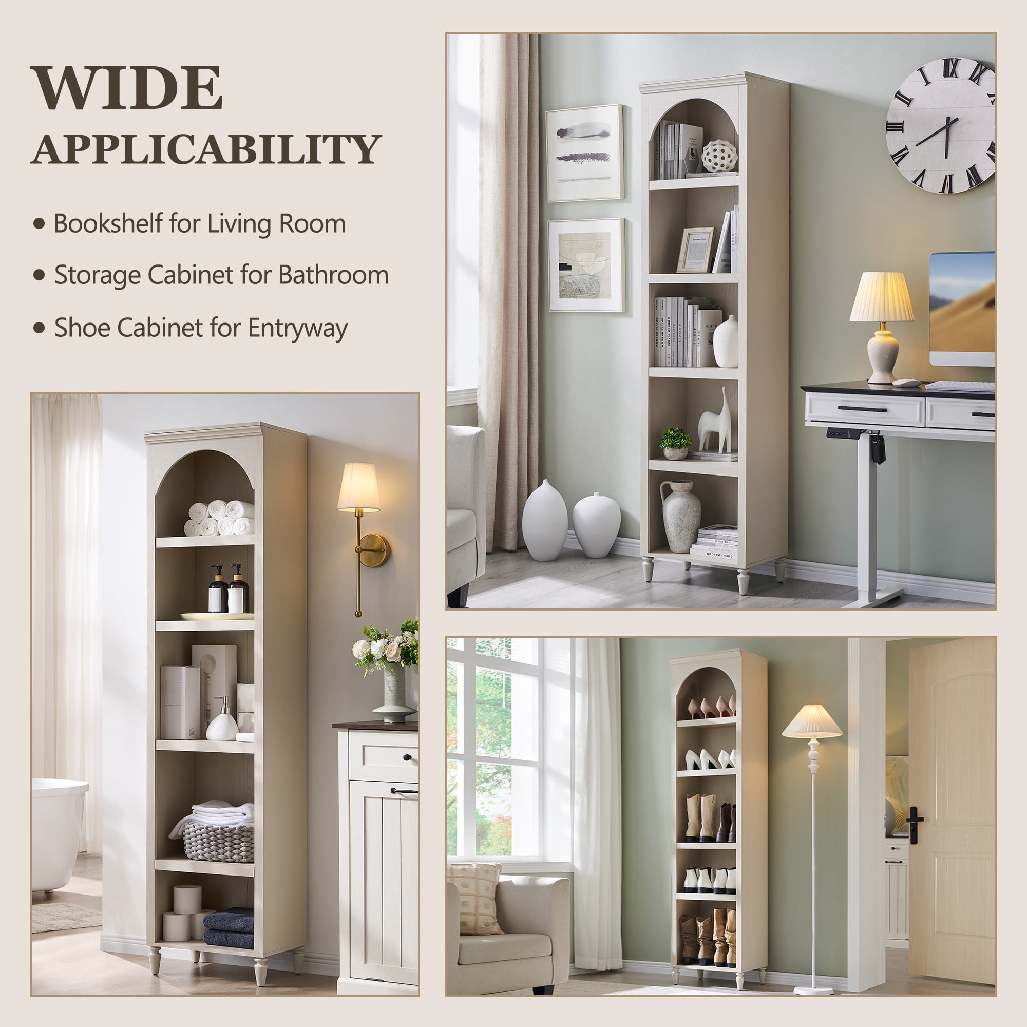 SinCiDo Arched Bathroom Storage Cabinet with Adjustable Shelves, 5-Tier Narrow Bathroom Cabinet for Bathroom, Kitchen, Living Room, Cream