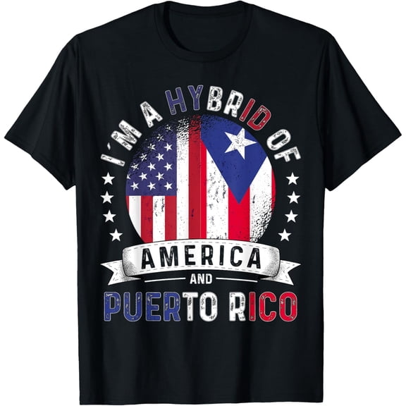 Vintage Hybrid America and Puerto Rico Flag Graphic T-Shirt Retro Patriotic Heritage Men's Tee Short Sleeve Black Casual Apparel